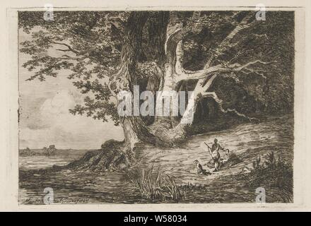 Two hunters on the waterfront, On a waterfront where a large tree stands, are two resting hunters and their two dogs., Hunters resting during the hunt - CC - female hunter, huntress, dog, river bank, trees, Martinus Antonius Kuytenbrouwer jr. (mentioned on object), The Hague, 1845, paper, drypoint, h 149 mm × w 220 mm Stock Photo