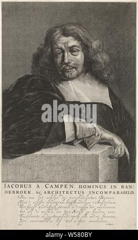 Portrait of Jacob van Campen, architect of the Amsterdam city hall. In the margin a Dutch poem, Jacob van Campen, Abraham Lutma, Amsterdam, c. 1650, paper, engraving, h 423 mm × w 249 mm Stock Photo