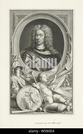 Portrait of John Churchill, Duke of Marlborough, Portrait of the English general John Churchill, Duke of Marlborough. Below the portrait a putto with two trumpets sitting on a cannon. His arm rests on a medallion with an image of an allegorical female figure being lauded by an angel. Next to him armor., John Churchill (1st Duke of Marlborough), Jacob Houbraken (mentioned on object), Amsterdam, 1745, paper, pen, h 356 mm × w 219 mm Stock Photo