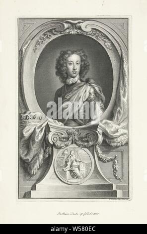 Portrait of William Henry, Duke of Gloucester, Portrait of Prince William Henry, Duke of Gloucester. Below the portrait an image of a grieving allegorical female figure with a spear and a shield., William Henry (duke of Gloucester), Jacob Houbraken (mentioned on object), 1745, paper, pen, h 356 mm × w 223 mm Stock Photo