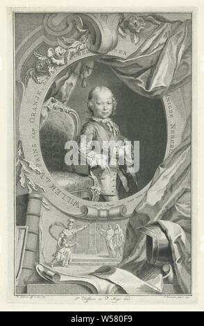 Portrait of William V, Prince of Orange-Nassau, Prince of Orange-Nassau as a six-year-old boy, standing next to a chair. Below the portrait an allegorical show in which Minerva leads a boy to female figures with a laurel wreath and a hat of liberty in their hands., Princess of Orange-Nassau, Portrait of Carolina, Princess of Orange-Nassau in an oval with a cartouche underneath the portrait, on which an allegorical representation in which Minerva the young Carolina points to Father Time., Jacob Houbraken (mentioned on object), Amsterdam, 1754, paper, engraving, h 357 mm × w 229 mm Stock Photo