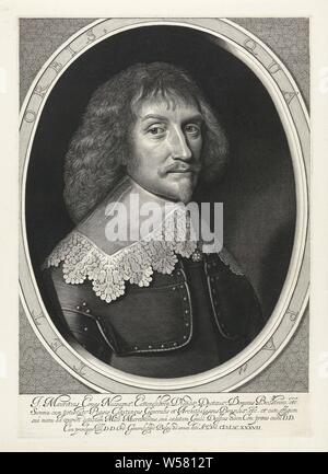 Portrait of Johan Maurits, Count of Nassau-Siegen, bust with flat collar and armor in oval frame with Latin motto. In Latin margin in four lines., Commander-in-chief, general, marshal, Johan Maurits count of Nassau-Siegen, Willem Jacobsz. Delff (mentioned on object), Delft, 1637, paper, engraving, h 425 mm × w 298 mm Stock Photo