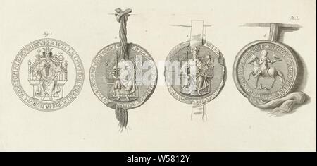 Medal and three stamps with William II, Medal and two stamps with William II as king of the Holy Roman Empire on throne. The third seal shows Willem II as a young count of Zeeland and Holland during the hunt., Coin, seal (as symbol of the state, etc.), Willem II (count of Holland), Abraham Delfos, Leiden, 1741 - 1820, paper, etching, h 208 mm × w 425 mm Stock Photo