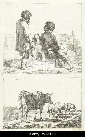 Talking men and cows and sheep, Two images on one sheet. Above: a seated man talking to a standing man with a bowl in his hands. Below: a landscape with a cow, seen from behind, and three sheep, one of which rises up the slope. Portrait of Johan Willem Friso in an ornamented oval of oak leaves. In the middle under his arm with a crown. On a pedestal his name, his titles and two columns with four lines of Latin text each. -Nassau, Portrait of Johan Willem Friso in an ornamented oval. A cavalry battle in the background. On the right a putto points to a relief with a representation of his death Stock Photo