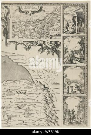 Map of Palestine Terrae Sanctae seu terrae promissionis nova descripto (title on object), Upper right plate of a map of Palestine, with inscriptions relating to the events of the Old and New Testament. At the top a smaller map of Egypt. Four performances from the New Testament on the border: the birth of Christ, the circumcision of Christ, the miraculous multiplication of the seven loaves and the two fishes and Christ shown to the people., Maps, atlases, circumcision of the Christ- child by the priest in the temple (Luke 2:21), Mary, Joseph and the new-born Christ (Nativity), multiplication Stock Photo