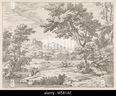 River landscape with trees River landscapes (series title), A hilly landscape with a river. In the foreground two resting walkers, sitting on the banks of the river. In the background and village with a bridge. The print is part of a series of river landscapes., River (landscape with figures, staffage), landscape with bridge, overpass or aqueduct, low hill country, Abraham Genoels (mentioned on object), Paris, 1650 - 1690, paper, etching, h 216 mm × w 280 mm Stock Photo