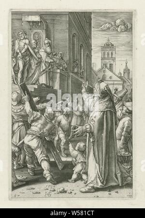 Christ shown to the people (Ecce Homo) The Passion (series title), Christ is shown to the people on a podium by Pilate. Pilate has asked the people whether he will release Christ or Barabbas. The people are calling for Barabbas to be released, what happens in the middle, and for Christ to be crucified. Pilate washes his hands in innocence, Pilate showing Christ to the people, 'Ostentatio Christi', 'Ecce Homo' (John 19: 4-6), Pilate washing his hands (in innocence), anonymous, Netherlands, 1597 and/or 1597 - 1667, paper, engraving, h 200 mm × w 134 mm Stock Photo