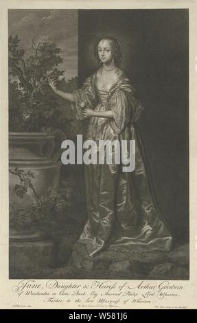 Portrait of Jane Goodwin, Jane Goodwin, only daughter of Arthur Goodwin and wife of Baron Philip Wharton. She stands in a garden and holds a rose in her hand., Flowers: rose, Pieter van Gunst (mentioned on object), Amsterdam, 1716, paper, etching, w 327 mm × h 515 mm Stock Photo