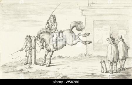 Taming a horse, breaking to saddle, bridle, etc., wild horses, horse, kicking (horse in motion), Jean Bernard, 1775 - 1833, paper, pencil, chalk, h 185 mm × w 303 mm Stock Photo