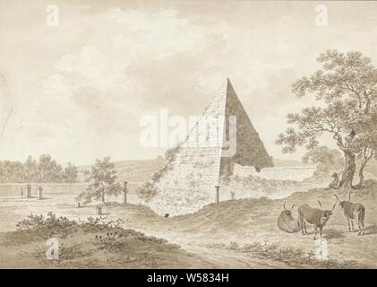 The Pyramid of Cestius in Rome, Drawing from a group of drawings of landscapes and cityscapes in Italy (Rome, Tivoli, Civita Castellana and Pozzuoli)., Landscape with ruins, pyramid (marking grave), pyramid (historical grave form), Pyramid of Cestius, Daniel Dupré, Italy, 1761 - 1817, paper, graphite (mineral), ink, brush, h 265 mm × w 370 mm Stock Photo