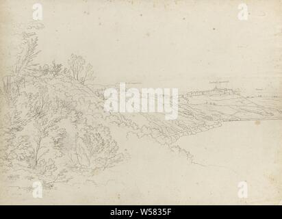 View to the south of Rome, with Castel Gandolfo across the Lake from Albano, Drawing from a group of drawings of landscapes and cityscapes in Italy (Rome, Tivoli, Civita Castellana and Pozzuoli ), landscapes in the temperate zone, lake, Castel Gandolfo, Lake Albano (Lazio), Abraham Teerlink, Italy, 1786 - 1857, paper, ink, chalk, pen, h 479 mm × w 643 mm Stock Photo