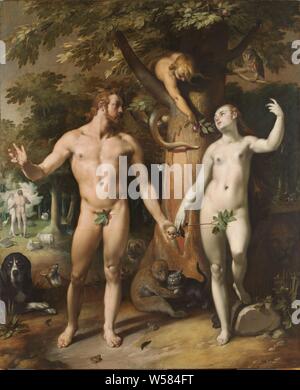 The Fall of Man, The Fall of Man. Adam and Eve standing in front of the tree of knowledge. A snake hands an apple to Eva. All kinds of animals around the figures: monkey, cat, dog, slugs, hedgehog, frog, fox and owl. In the background on the left Adam and Eve are warned by God not to eat from the tree, Temptation and Fall (scenes with both Adam and Eve), Cornelis Cornelisz. van Haarlem, 1592, canvas, oil paint (paint), h 273 cm × w 220 cm Stock Photo