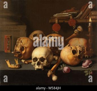Vanits still life, Vanitas still life with skulls, bones, roses, an hourglass and a burning candle on a stone table or plinth. Against the wall a shelf with documents with stamps and books., Aelbert Jansz. van der Schoor, 1640 - 1672, canvas, oil paint (paint), h 63.5 cm × w 73 cm d 7 cm Stock Photo