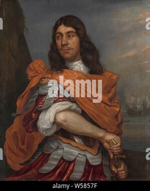 Portrait of Lieutenant-Admiral Cornelis Tromp in Roman Costume, Portrait of Cornelis Tromp (1629-91), lieutenant-admiral, in Roman costume. Standing, half-way, on a coast, with a sea battle in the distance. Presented when he pulls out his sword, historical persons, battle (naval force), clothes, costume, Cornelis Tromp, Abraham Evertsz. van Westerveld, 1650 - 1692, panel, oil paint (paint), h 40 cm × w 33 cm Stock Photo