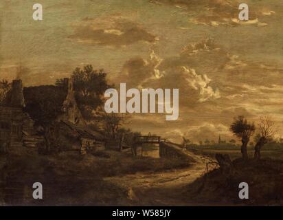 Landscape at Sunset, Landscape at Sunset. A country road leads over a bridge to a farm. A village in the distance., Rafael Camphuysen (I), c. 1654 - c. 1657, panel, oil paint (paint), support: h 46 cm × w 63.5 cm d 8.5 cm Stock Photo