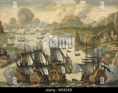 Naval Battle of Vigo Bay, October 23, 1702. Episode from the War of the Spanish Succession, Battle of the Bay of Vigo, 1702. Episode from the War of Succession. Robbery of the combined English and Dutch fleets, in the foreground, on the Spanish-French fleet. The bay is full of warships and sloops, guns firing from the shore on the ships, Vigo, anonymous, Northern Netherlands, c. 1705, panel, oil paint (paint), h 59 cm × h 62 cm × w 82.5 cm d 6 cm Stock Photo