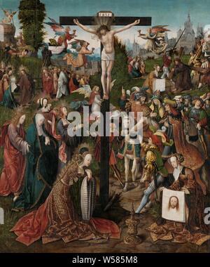 The Crucifixion, Kruisberg with many figures and various epiodes from the Passion. In the center Christ on the cross, with four angels who collect the blood. In the foreground Mary Magdalene, Mary, John and St. Veronica with the sweat cloth. On the edge of her cloak it says: Salve Sact (a) Facies Nos (tri) Redemptor (is). Right on horseback Longinus and the centurion. In the background: the carrying of the cross, Christ saying goodbye to his mother and the prayer in the Garden of Olives in Gethsemane, agony of Christ: to comfort him one or more angels appearing to Christ with chalice and / Stock Photo