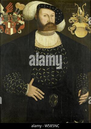 Presumably Posthumous Portrait of Rudolph van Buynou (d 1542), High Bailiff of Stavoren and 'Grietman'of Gaasterland, Portrait of Rudolph van Buynou, drost van Stavoren and grietman van Gaasterland, presumably posthuum. Knee, with the left hand on the hilt of a sword. In the background two weapons., Adriaen van Cronenburg (attributed to), 1553, panel, oil paint (paint), h 90 cm × w 69 cm Stock Photo