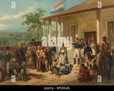 The Arrest of Diepo Negoro by Lieutenant-General Baron De Kock, The Submission of Diponegoro to Lieutenant General Hendrik Merkus Baron de Kock, March 28, 1830, ending the Java War (1825-30). The Javanese prince Diponegoro is arrested in front of De Kock's home. On the left the Dutch soldiers and the carriage with which the prince is taken away. The prince's followers sit on the left, their weapons are on the ground, surrender, war, prince, Java, Hendrik Merkus baron de Kock, Diponegoro, Nicolaas Pieneman, c. 1830 - c. 1835, canvas, oil paint (paint), h 77 cm × w 100 cm × h 111 cm × w 134 cm Stock Photo