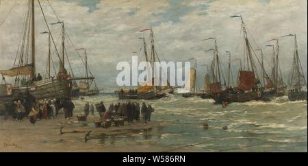 Fishing Pinks in Breaking Waves Fink in the surf, Fink in the surf. Fishing vessels on the beach and off the coast. On the beach men and women stand by baskets of fish. In the foreground the anchors stick in the sand, sea and coastal fishery, sailing ship, sailing boat, ships, boats on land, beached, Hendrik Willem Mesdag, c. 1875 - c. 1885, oil paint (paint), canvas, h 90 cm × w 181 cm w 41.8 kg Stock Photo