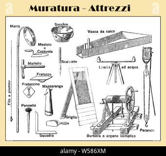 Illustrated table of masonry tools with Italian descriptions from a lexicon early '900 Stock Photo