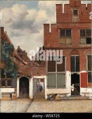 View of Houses in Delft, Known as 'The Little Street' View of Houses in Delft, Known as The Little Street, View of houses in Delft, known as 'The street'. The facades of a few houses on a street in Delft. Between the houses an alley where a woman is standing over a washtub. In the open door of the house on the right is a woman doing crafts, on the left in front of the house on the sidewalk two children playing, street, civic architecture, edifices, dwellings, children's games and plays (out of doors (sports, games, etc.)), home sewing, repair of clothes, Delft, Johannes Vermeer, c. 1658 Stock Photo