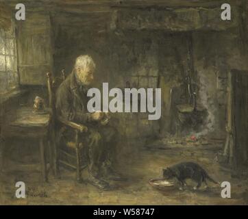 Interior of a Peasant Hut, Interior of a farmhouse. An old farmer sits on a chair near a table, stops a pipe and watches as a cat eats from a bowl. In the back wall a pot hangs above a smoldering fire in the hearth., Jozef Israels, c. 1882, canvas, oil paint (paint), h 60 cm × w 72 cm d 11.5 cm Stock Photo