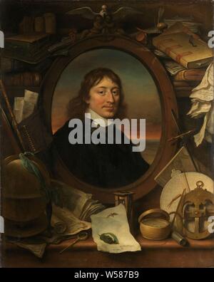 Gerard Pietersz Hulft (1621-56), First Councilor and Director-General of the Dutch East India Company, Portrait of Gerard Pietersz Hulft, First Council and Director General of the VOC. Oval portrait between a still life of books, papers, compass, measuring instruments for sea shipping, ink set, hourglass, drawing of a caterpillar and butterfly, globe, a sword or dagger. At the top two angels holding an anchor with a white dove above, historical persons, quadrant, sextant, octant (nautical instruments), printed matter, merchant shipping, shipping trade, Sri Lanka, Dutch East India Company Stock Photo