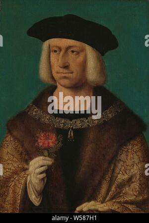 Portrait of Maximilian I (1459-1519), Maximilian I (1459-1519), Emperor of the Holy Roman Empire, Portrait of Maximilian I, Emperor of the Holy Roman Empire. He holds a carnation in his right hand, a chain around the neck with the Order of the Golden Fleece, flowers: carnation, knighthood order of the Golden Fleece - insignia of a knighthood order, eg: badge, chain (with NAME of order), historical persons, Maximilian I of Habsburg (emperor of the Holy Roman Empire), Joos van Cleve (workshop of), Antwerp, c. 1530, panel, oil paint (paint), support: h 34.6 cm × w 24.4 cm d 0.6 cm painted surface Stock Photo