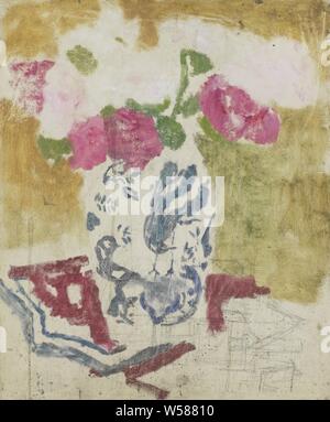 Vase with Pink Flowers, Sketch of a vase with pink flowers over the remains of a pencil drawing of houses, flowers in a vase, George Hendrik Breitner, c. 1880 - c. 1923, panel, oil paint (paint), h 46 cm × w 38 cm × t 1.2 cm Stock Photo