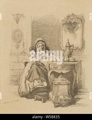 Old lady reading, Lecture du matin (title on object), reading, Alexander Hugo Bakker Korff (mentioned on object), 1871, paper, ink, pen, h 197 mm × w 161 mm Stock Photo