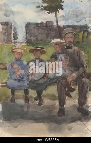 A Man with Three Girls on a Bench in the Oosterpark in Amsterdam, bench, park, sitting on an elevation, Oosterpark, Isaac Israels (mentioned on object), Netherlands, c. 1886 - c. 1904, paper, watercolor (paint), brush, h 448 mm × w 302 mm Stock Photo