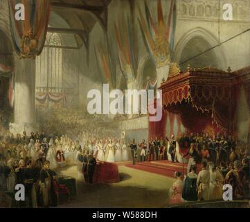 The Inauguration of King William II in the Nieuwe Kerk in Amsterdam on November 28, 1840, The inauguration of King Willem II in the Nieuwe Kerk in Amsterdam, November 28, 1840. The king lays on the right, standing under a canopy, take the oath with raised hand. On the left are the throne and scepter on a table. The church is filled with spectators. Preliminary study for the painting in the possession of H.M. de Koningin (Noordeinde palace), new ruler taking the oath, canopy, baldachin, interior of church, Nieuwe Kerk, Willem II (King of the Netherlands), Nicolaas Pieneman (mentioned on object Stock Photo