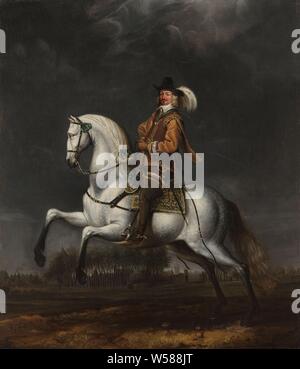 Portrait of Johan Wolfert van Brederode (1599-1655), Portrait of Johan Wolphert van Brederode, on a white horse, galloping to the left. In the background a landscape with a castle among trees, Amerongen, Joan Wolfert van Brederode, Jan van Rossum (attributed to), 1640 - 1655, canvas, oil paint (paint), support: h 104.5 cm × w 90 cm Stock Photo