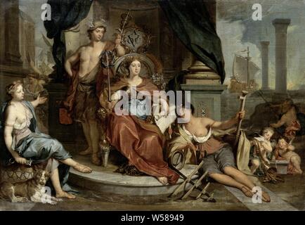Apotheosis of the Dutch East India Company (Allegory of the Amsterdam Chamber of Commerce of the VOC), Allegorical representation with the female personification of the Amsterdam Chamber of the Dutch East India Company seated on a throne. On her head she wears a crown of ships, in the right hand a sword with laurel wreath, in the left hand books and documents. Behind the throne Mercury, on the left a sitting woman with a dog and a key, on the right a female personification with a rudder in her hands. On the right two putti, Neptune and a galley with two columns. Made from a medal from 1702 Stock Photo