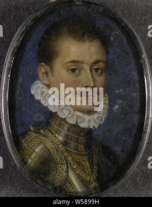 Don Juan of Austria (1547-87). Governor of the Netherlands, Portrait of Don Juan of Austria (1547-87). Governor of the Netherlands. Bust, to the right, facing front, in armor. Part of the collection of portrait miniatures, Don Juan of Austria, anonymous, Southern Netherlands, 1560 - 1580, copper (metal), oil paint (paint), glass, h 4.8 cm × w 3.5 cm h 5.1 cm × w 3.6 cm × d 0.7 cm Stock Photo