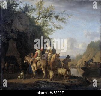 Ferry Boat, The ferry. In an Italian landscape, a few shepherds and shepherdesses are waiting for the approaching ferry on the banks of a river., Adriaen van de Velde, 1666, canvas, oil paint (paint), h 34 cm × w 37.5 cm d 6.1 cm Stock Photo