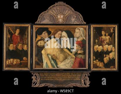 Memorial Triptych, formerly called the Gertz Memorial Triptych, with the Lamentation (central panel), nine male Donor Portraits with Saint John the Evangelist (left wing, inner), nine female Donor Portraits with the Virgin and Child (right wing, Saint Peter (left wing, outer) and Saint Mary Magdalene (right wing, outer), De Gertz memorial table. Triptych with the Descent from the Cross or Lamentation (copy after a lost original by Hugo van der Goes), with the body of Christ carried by Joseph of Arimathea and Nicodemus. Mary, John and Mary Magdalene (all half-figures) oversee. On the inside Stock Photo