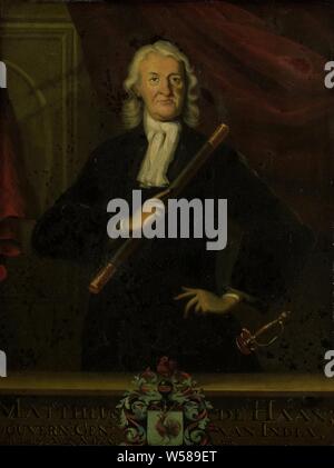 Portrait of Mattheus de Haan, Governor-General of the Dutch East Indies, Portrait of Mattheus de Haan (1663-1729). Governor General (1725-29). Standing, half-length, command staff in the right hand, the left hand in the side. Part of a series of copies to portraits of the governors-general of the former Dutch East Indies, probably from the Dutch East India Company. Dutch East India Company, Mattheus de Haan, anonymous (copy after), Batavia, 1750 - 1800, copper (metal), oil paint (paint), h 33 cm × w 25 cm d 3.7 cm Stock Photo