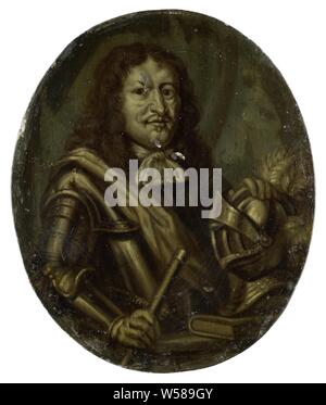 Portrait of Joan van Paffenrode, Baron of Ghussigny, Dramatic Poet, Portrait of Joan van Paffenrode (1618-73), Giver of Ghussigny, theater poet. Bust in oval, to the right. In armor with command staff in the right hand, the left hand resting on a helmet standing on a book. Part of a collection of portraits of Dutch poets, portrait of a writer, writer, poet, author, Johan, Vrijheer van Paffenrode, Arnoud van Halen, 1700 - 1732, oil paint (paint), h 10.6 cm × w 8.8 cm × d 0.1 cm Stock Photo