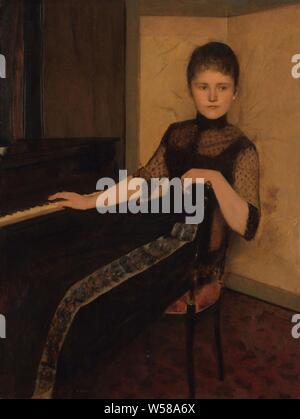 Portrait of Lady Maria Francisca Louisa Dommer van Poldersveldt (Ubbergen 1848 - 1925 ’s-Hertogenbosch), Portrait is depicted seated. Jonkvrouwe Maria van Dommer van Poldersveldt is seated at the piano on a padded chair. With her right hand she lightly touches the keys of the open piano, her left arm rests on the chair back. She has put up her hair with small curls on her forehead and wears a high-necked dark-lace dress whose neckline and arms are unlined. The center of the frock skirt is embroidered from waist to hem. The keys of the piano, together with the lines of the embroidery, form a Stock Photo