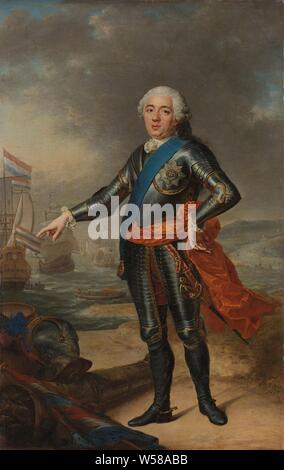 Portrait of William IV, William IV (1711-1751). Prince of Orange-Nassau, Prince of Orange-Nassau. Standing in armor, full-length portrait, in a coastal landscape with on the left military attributes including a gun and a helmet. In the background, ships supplied with sloops, William IV (Prince of Orange-Nassau), Order of the Garter, Jacques-André-Joseph Aved, 1751, canvas, oil paint (paint), h 107.5 cm × w 67.5 cm Stock Photo