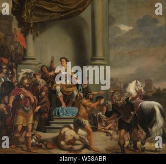 Consul Titus Manlius Torquatus Orders the Beheading of his Son Consul Titus Manlius Torquatus Beheading his Son, Consul Titus Manlius Torquatus decapitates his son. The consul sits on a throne between two columns. On the ground the body of the son, the executioner holds the severed head up. On the right a soldier with a horse. In the background buildings of Rome, Torquatus has his son guarded because he has fought an enemy in single combat against the strict orders of his father, Admiralty of Amsterdam, Ferdinand Bol, 1661 - 1664, canvas, oil paint (paint), h 218 cm × w 242 cm Stock Photo