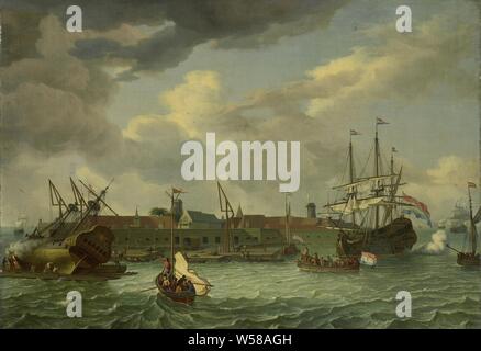 The Island of Onrust near Batavia (Jakarta), View of the shipyard on the island of Onrust near Batavia. On the left, a warship with the coat of arms of Amsterdam on the mirror has been calibrated. On the right a warship fires a salvo, a few sloops on the water, one carries a flag with the arms of the VOC. There are a few mills and palms behind the buildings., Abraham Storck (manner of), 1699, canvas, oil paint (paint), h 77 cm × w 110 cm Stock Photo