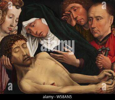 The Lamentation of Christ, The Lamentation, Lamentation of Christ. Mary, Mary Magdalene and John, half-body, around the body of Christ, lamentation about the dead Christ by his relatives and friends (Christ usually without crown of thorns), Colijn de Coter, Brussels, c. 1510 - c. 1515, panel, oil paint (paint), support: h 35.5 cm × w 42.9 cm Stock Photo