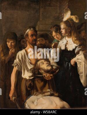 Salome receives the head of John the Baptist, The beheading of John the Baptist. The executioner has just cut off the preacher's head and presents it to Salome on a plate. In the foreground the bent body whose hands are tied on the back, Salome is given the head of John the Baptist by the executioner, Rembrandt van Rijn (circle of), c. 1640 - c. 1645, canvas, oil paint (paint), h 149 cm × w 121 cm Stock Photo