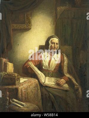 Old Woman Reading, An old woman sitting in a chair with an open book on her lap. She has just stopped reading and is looking straight ahead with her glasses in her left hand. On the left a table with a chest and some books. A painting hangs on the wall behind a curtain., George Gillis Haanen, 1834, panel, oil paint (paint), h 31.5 cm × w 25 cm d 9.5 cm Stock Photo