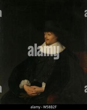 Portrait of Constantijn Huygens, Constantijn Huygens (1596-1687), Lord of Zuylichem. Secretary of the Stadtholder, Prince Frederik Hendrik, and Poet, lord of Zuylichem. Secretary of Stadholder Prince Frederik Hendrik and poet. Half-length, sitting in a chair to the left, hands folded in the lap, historical persons, Constantijn Huygens (I), Jan Lievens, c. 1628 - c. 1629, panel, oil paint (paint), h 99 cm × w 84 cm Stock Photo