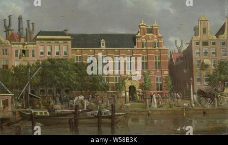 Amsterdam, The Latin school on the Singel in Amsterdam, seen from the other side of the canal. At the quay there is a barge, on the street it is a bustle of pedestrians, resting horses and workmen, on the right a carriage, Singel, Jacob Smies, 1802, canvas, oil paint (paint), h 45 cm × w 75 cm