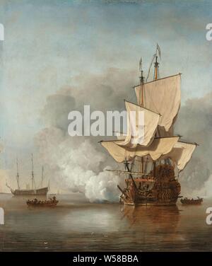 The Cannon Shot, The Cannon Shot. A warship in a calm wind with weak sails releases a cannon shot. Two sloops on either side, another warship in the distance, with ironed sails. cannon shots (military salute), Willem van de Velde (II), c. 1680, canvas, oil paint (paint), h 78.5 cm × w 67 cm × h 90.8 cm × w 80.5 cm × d 7.5 cm Stock Photo